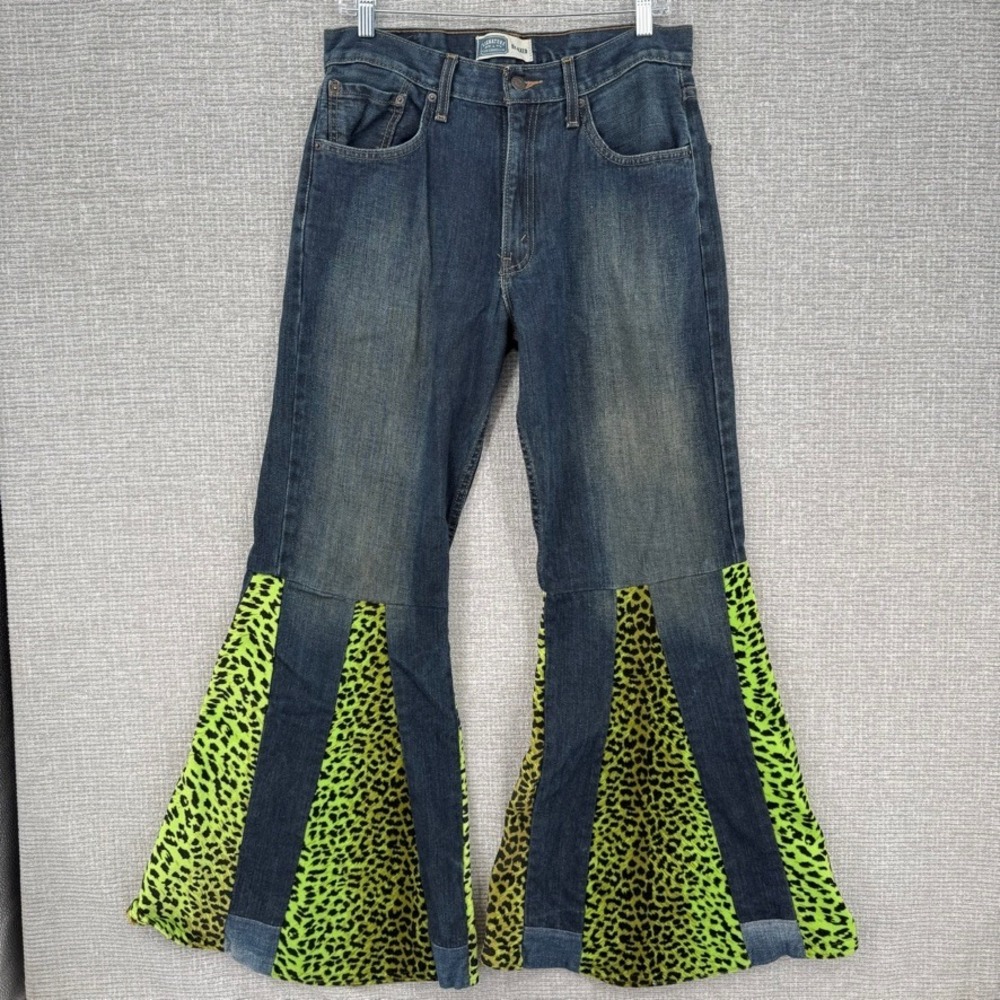 Signature by Levi Strauss & Co Relaxed Jeans Women 32 Neon Leopard Flare Custom